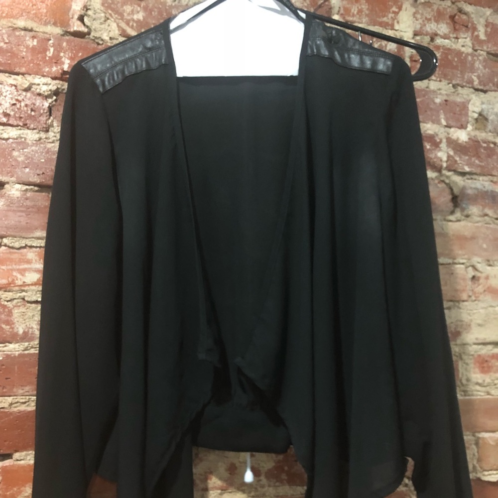 Black Sheet Cardigan with Leather Shoulder Patches